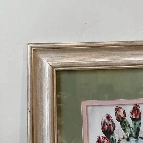 Vintage Signed‎ Newton Oil Painting Wood Frame Matte Desert Cacti Flower 21 X 25